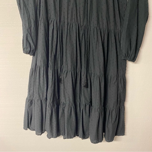 NATALIE MARTIN BLACK Small COTTON LONG SLEEVE TIERED MAXI DRESS Tassel V Neck - Picture 5 of 11